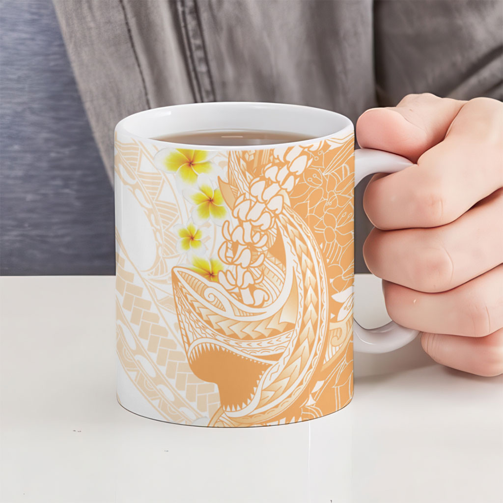 Orange Hawaii Shark Tattoo Ceramic Mug Puakenikeni Lei Plumeria Polynesian Pattern