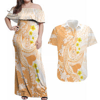 Orange Hawaii Shark Tattoo Couples Matching Off Shoulder Maxi Dress and Hawaiian Shirt Puakenikeni Lei Plumeria Polynesian Pattern LT14 Orange - Polynesian Pride