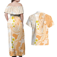 Orange Hawaii Shark Tattoo Couples Matching Off Shoulder Maxi Dress and Hawaiian Shirt Puakenikeni Lei Plumeria Polynesian Pattern LT14 - Polynesian Pride