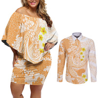 Orange Hawaii Shark Tattoo Couples Matching Off Shoulder Short Dress and Long Sleeve Button Shirt Puakenikeni Lei Plumeria Polynesian Pattern LT14 Orange - Polynesian Pride