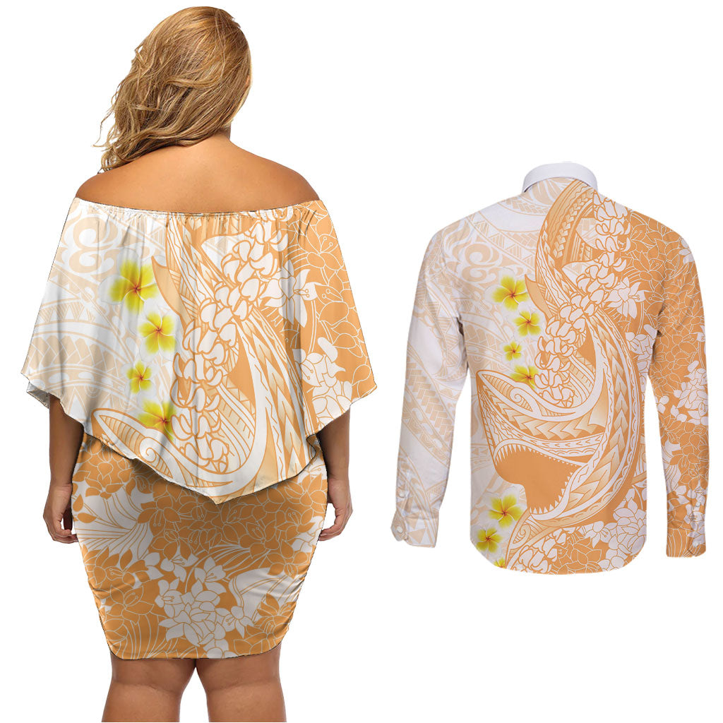 Orange Hawaii Shark Tattoo Couples Matching Off Shoulder Short Dress and Long Sleeve Button Shirt Puakenikeni Lei Plumeria Polynesian Pattern LT14 - Polynesian Pride