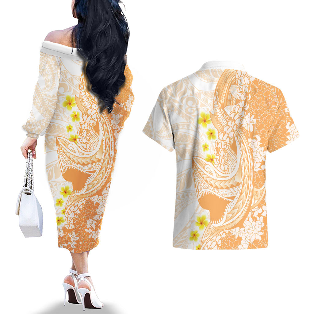 Orange Hawaii Shark Tattoo Couples Matching Off The Shoulder Long Sleeve Dress and Hawaiian Shirt Puakenikeni Lei Plumeria Polynesian Pattern