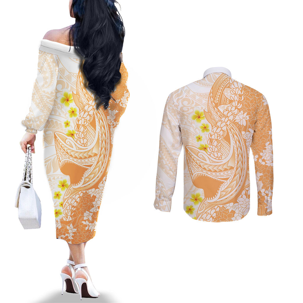 Orange Hawaii Shark Tattoo Couples Matching Off The Shoulder Long Sleeve Dress and Long Sleeve Button Shirt Puakenikeni Lei Plumeria Polynesian Pattern LT14 - Polynesian Pride