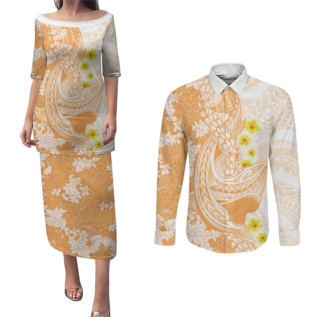Orange Hawaii Shark Tattoo Couples Matching Puletasi and Long Sleeve Button Shirt Puakenikeni Lei Plumeria Polynesian Pattern