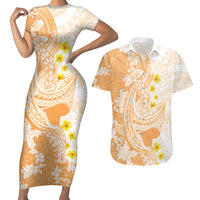 Orange Hawaii Shark Tattoo Couples Matching Short Sleeve Bodycon Dress and Hawaiian Shirt Puakenikeni Lei Plumeria Polynesian Pattern