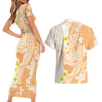 Orange Hawaii Shark Tattoo Couples Matching Short Sleeve Bodycon Dress and Hawaiian Shirt Puakenikeni Lei Plumeria Polynesian Pattern