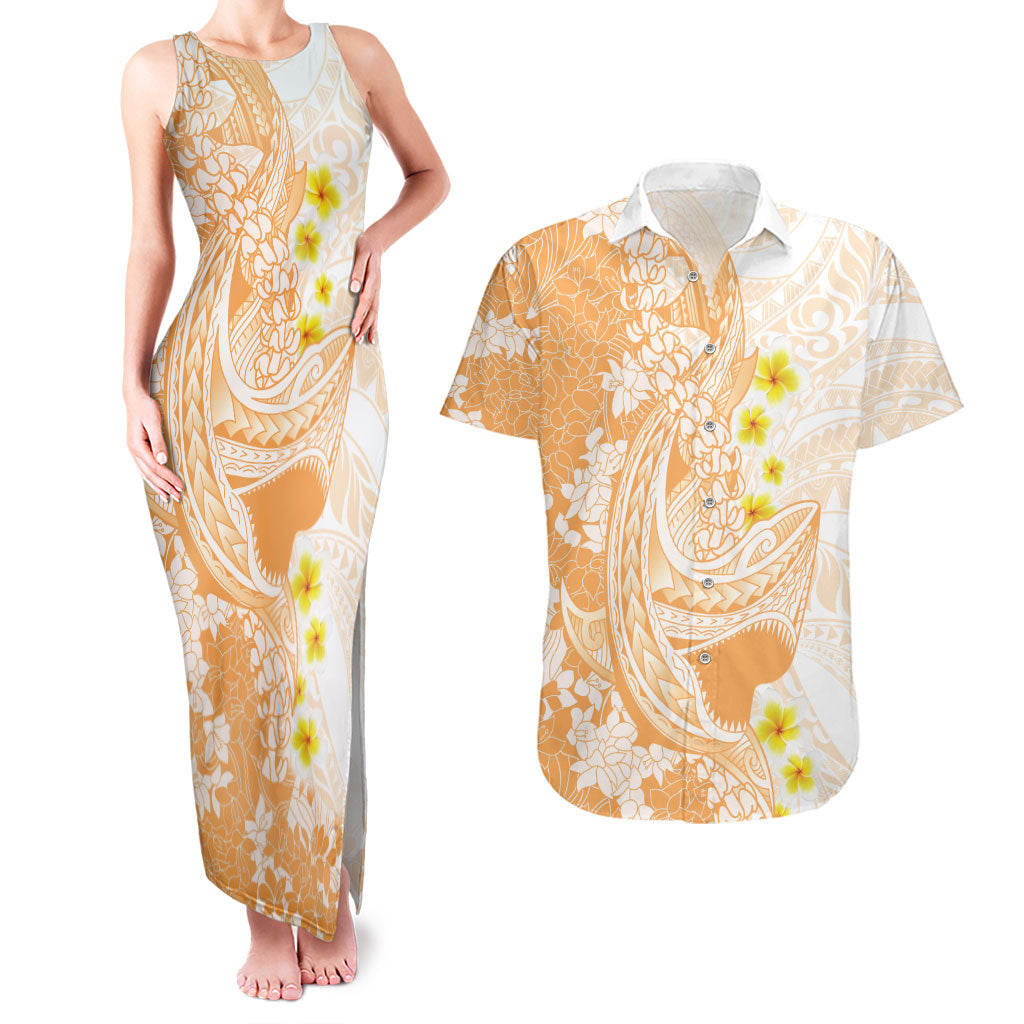 Orange Hawaii Shark Tattoo Couples Matching Tank Maxi Dress and Hawaiian Shirt Puakenikeni Lei Plumeria Polynesian Pattern