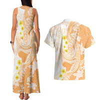 Orange Hawaii Shark Tattoo Couples Matching Tank Maxi Dress and Hawaiian Shirt Puakenikeni Lei Plumeria Polynesian Pattern