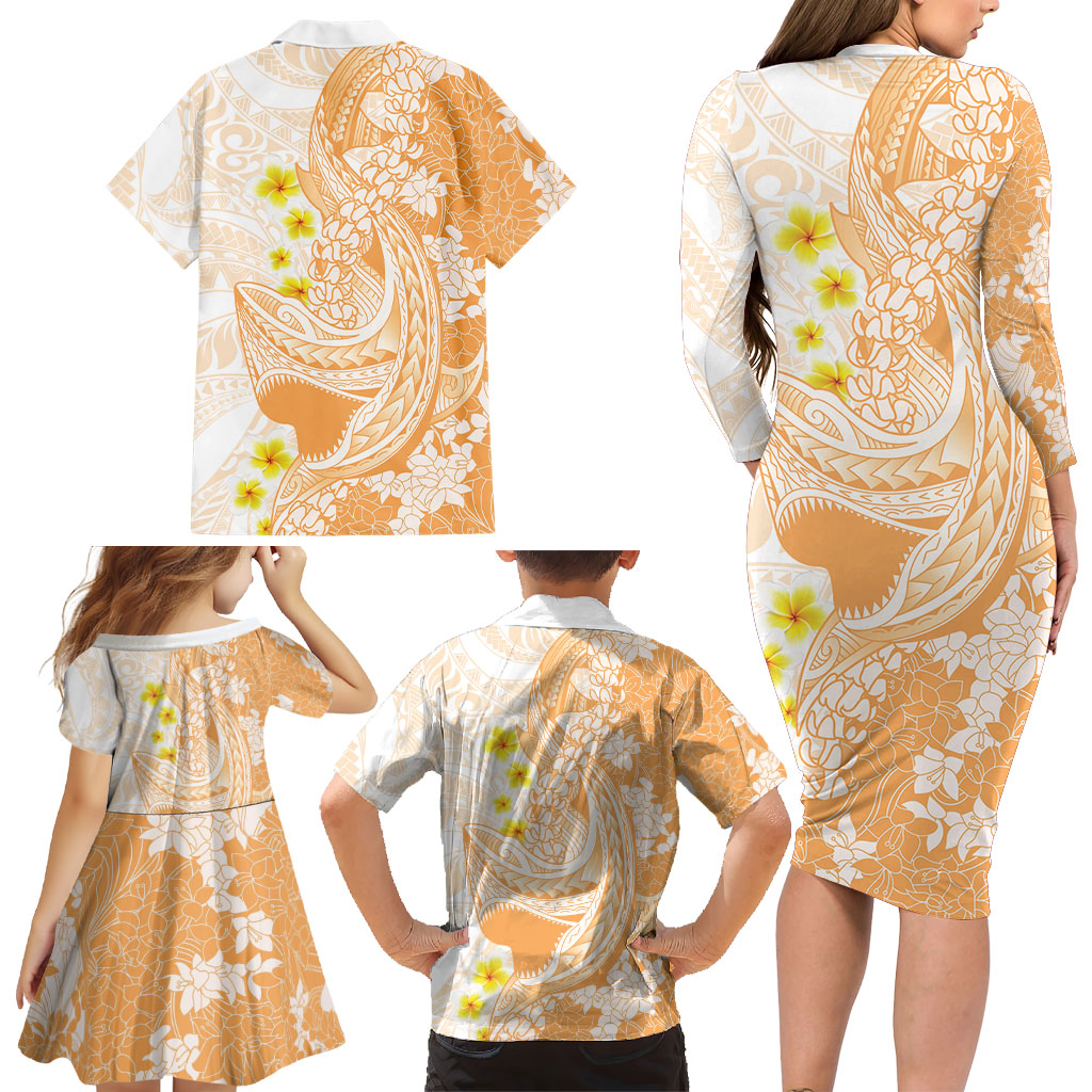 Orange Hawaii Shark Tattoo Family Matching Long Sleeve Bodycon Dress and Hawaiian Shirt Puakenikeni Lei Plumeria Polynesian Pattern LT14 - Polynesian Pride