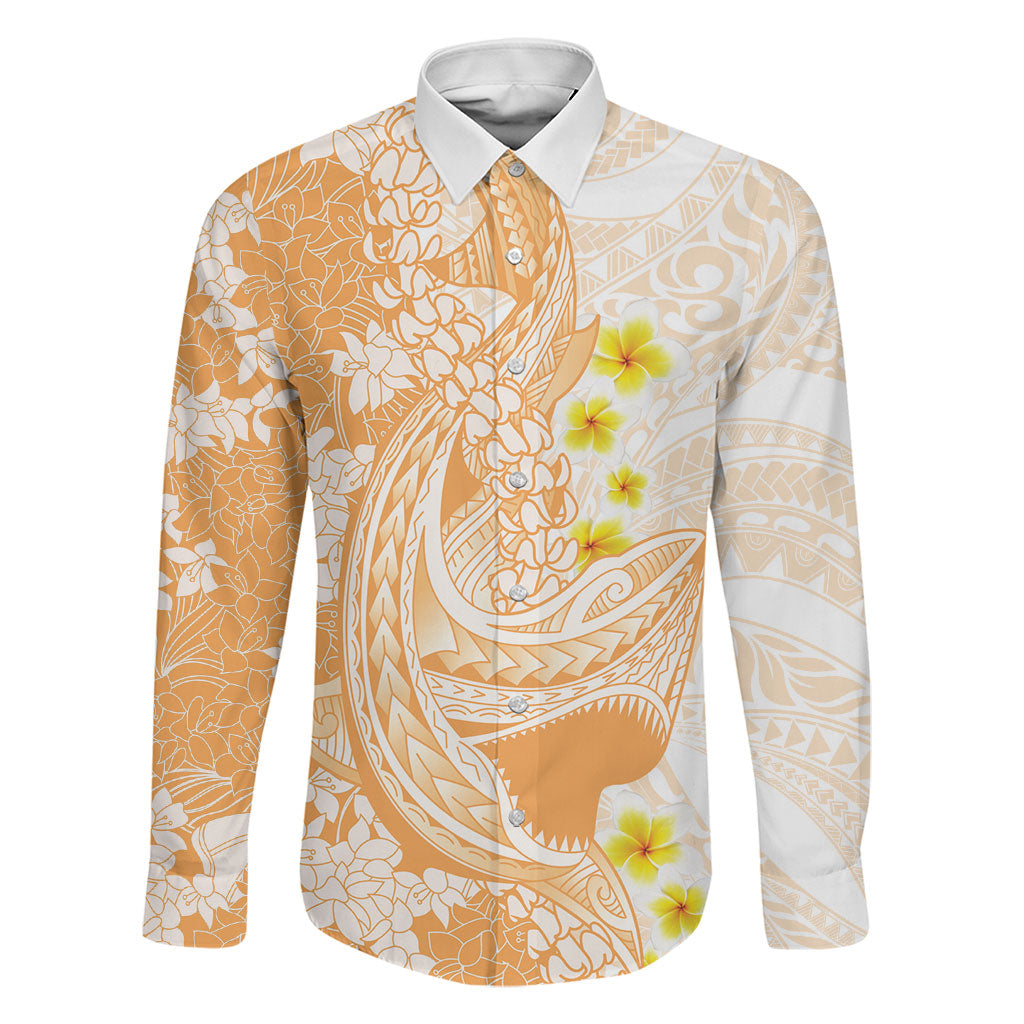 Orange Hawaii Shark Tattoo Family Matching Off The Shoulder Long Sleeve Dress and Hawaiian Shirt Puakenikeni Lei Plumeria Polynesian Pattern LT14 Dad's Shirt - Long Sleeve Orange - Polynesian Pride