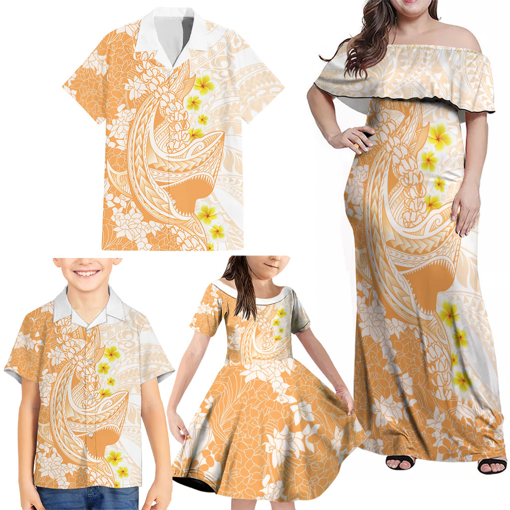Orange Hawaii Shark Tattoo Family Matching Off Shoulder Maxi Dress and Hawaiian Shirt Puakenikeni Lei Plumeria Polynesian Pattern