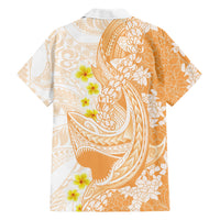 Orange Hawaii Shark Tattoo Family Matching Off Shoulder Short Dress and Hawaiian Shirt Puakenikeni Lei Plumeria Polynesian Pattern LT14 - Polynesian Pride