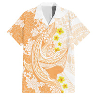 Orange Hawaii Shark Tattoo Family Matching Puletasi and Hawaiian Shirt Puakenikeni Lei Plumeria Polynesian Pattern