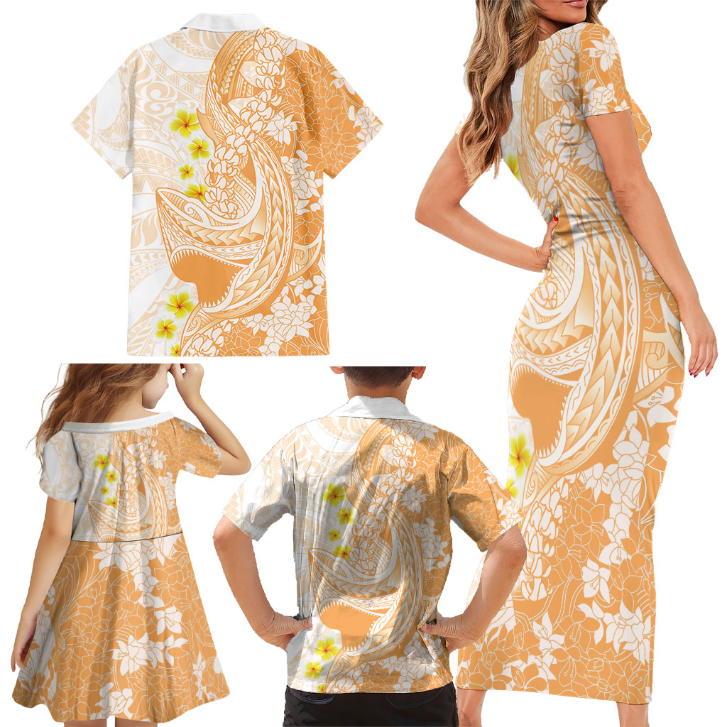 Orange Hawaii Shark Tattoo Family Matching Short Sleeve Bodycon Dress and Hawaiian Shirt Puakenikeni Lei Plumeria Polynesian Pattern LT14 - Polynesian Pride