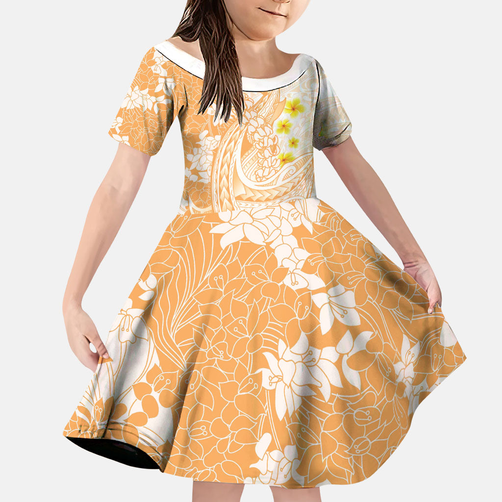 Orange Hawaii Shark Tattoo Family Matching Summer Maxi Dress and Hawaiian Shirt Puakenikeni Lei Plumeria Polynesian Pattern LT14 Daughter's Dress Orange - Polynesian Pride
