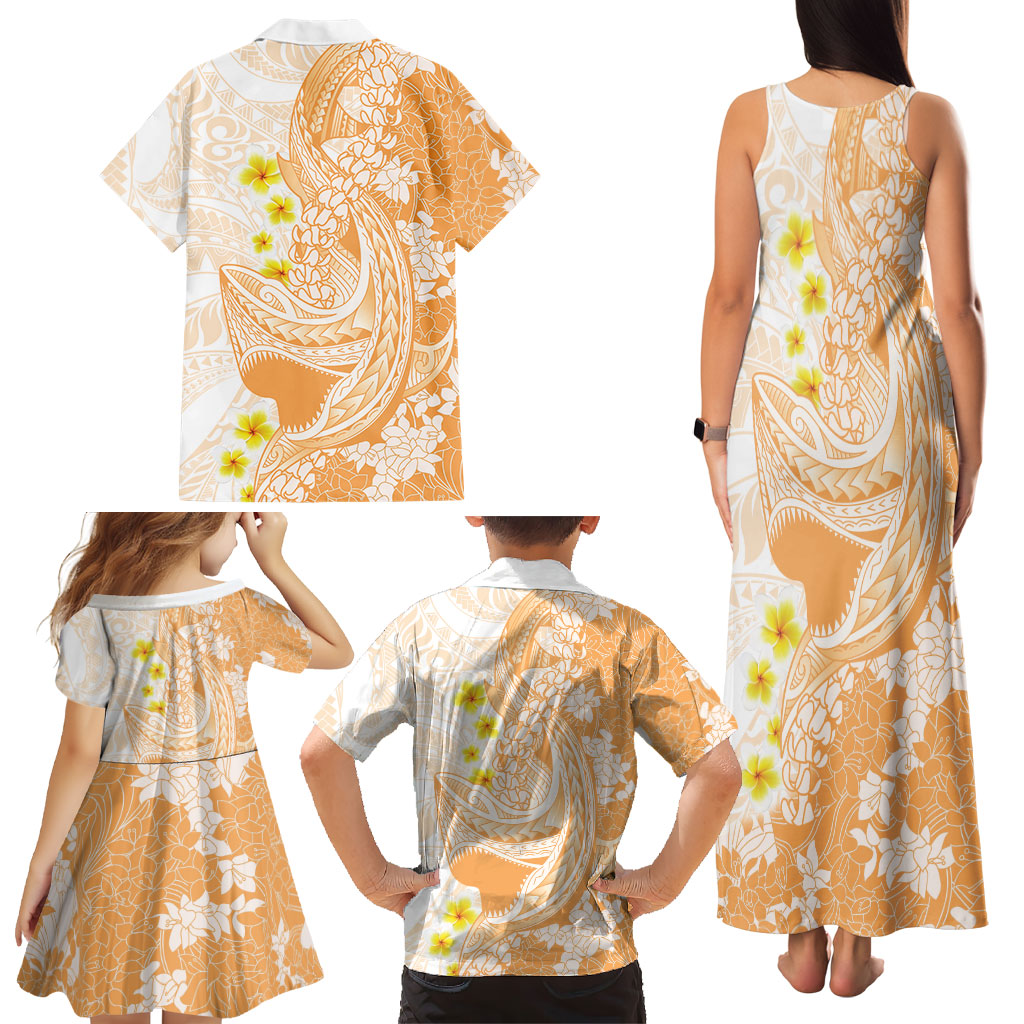 Orange Hawaii Shark Tattoo Family Matching Tank Maxi Dress and Hawaiian Shirt Puakenikeni Lei Plumeria Polynesian Pattern LT14 - Polynesian Pride
