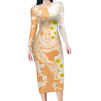 Orange Hawaii Shark Tattoo Long Sleeve Bodycon Dress Puakenikeni Lei Plumeria Polynesian Pattern LT14 Long Dress Orange - Polynesian Pride