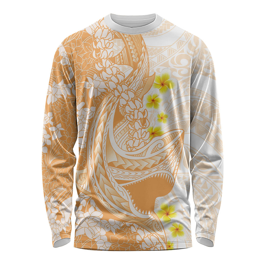 Orange Hawaii Shark Tattoo Long Sleeve Shirt Puakenikeni Lei Plumeria Polynesian Pattern