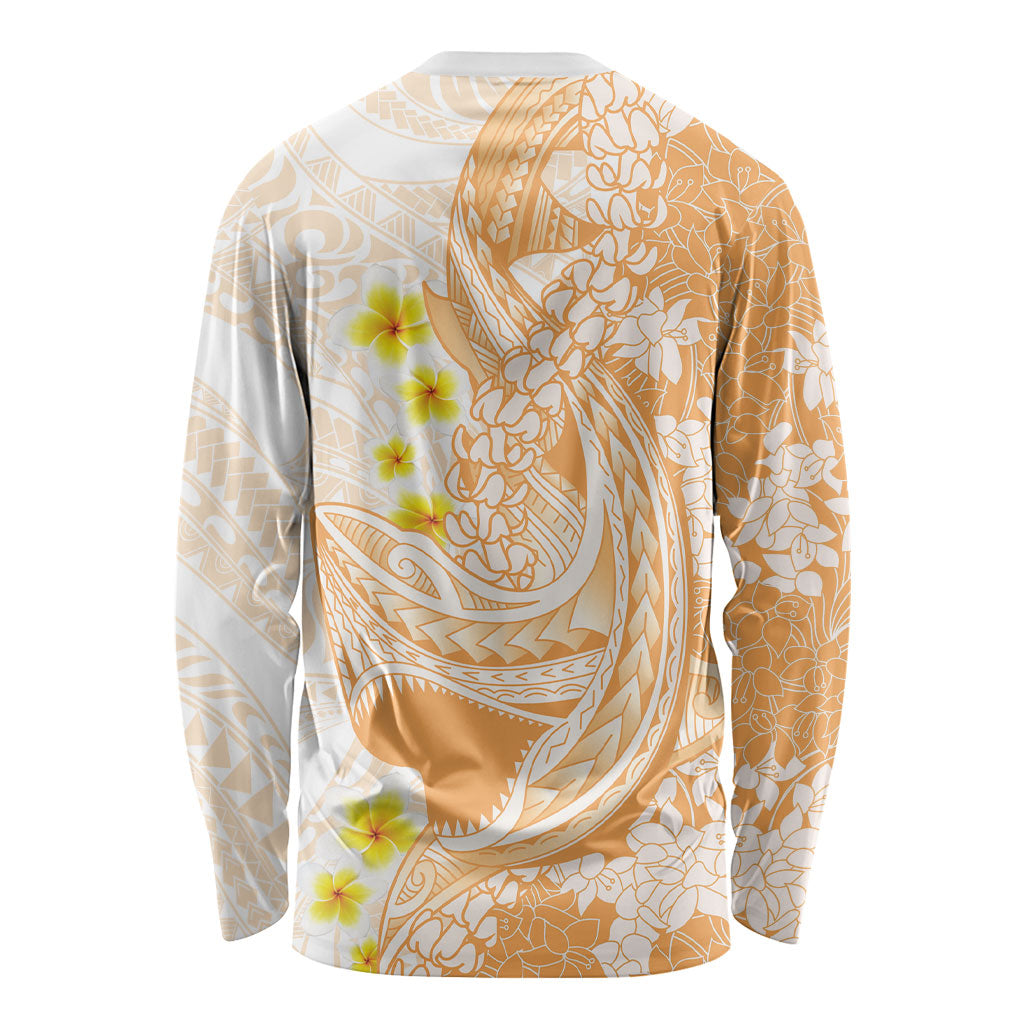 Orange Hawaii Shark Tattoo Long Sleeve Shirt Puakenikeni Lei Plumeria Polynesian Pattern
