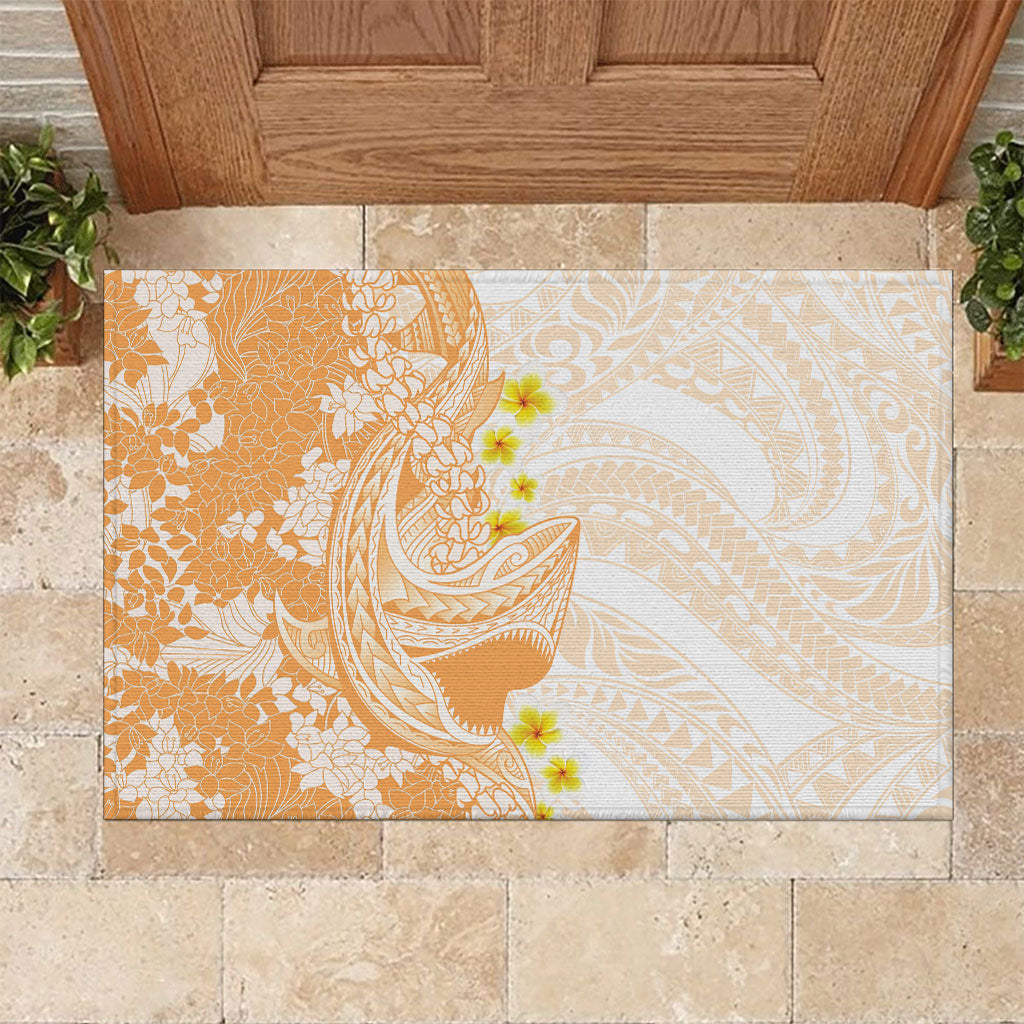 Orange Hawaii Shark Tattoo Rubber Doormat Puakenikeni Lei Plumeria Polynesian Pattern