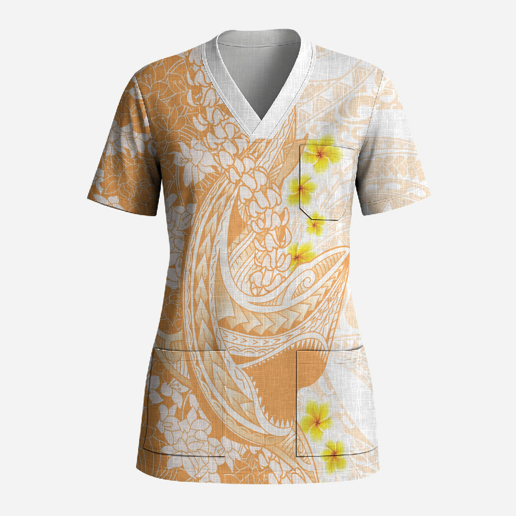 Orange Hawaii Shark Tattoo Scrub Top Puakenikeni Lei Plumeria Polynesian Pattern