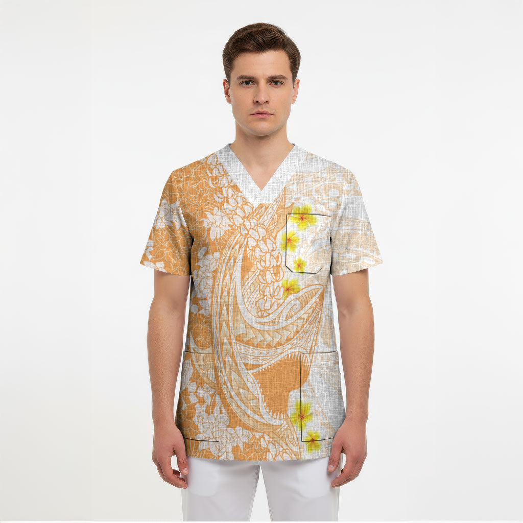 Orange Hawaii Shark Tattoo Scrub Top Puakenikeni Lei Plumeria Polynesian Pattern