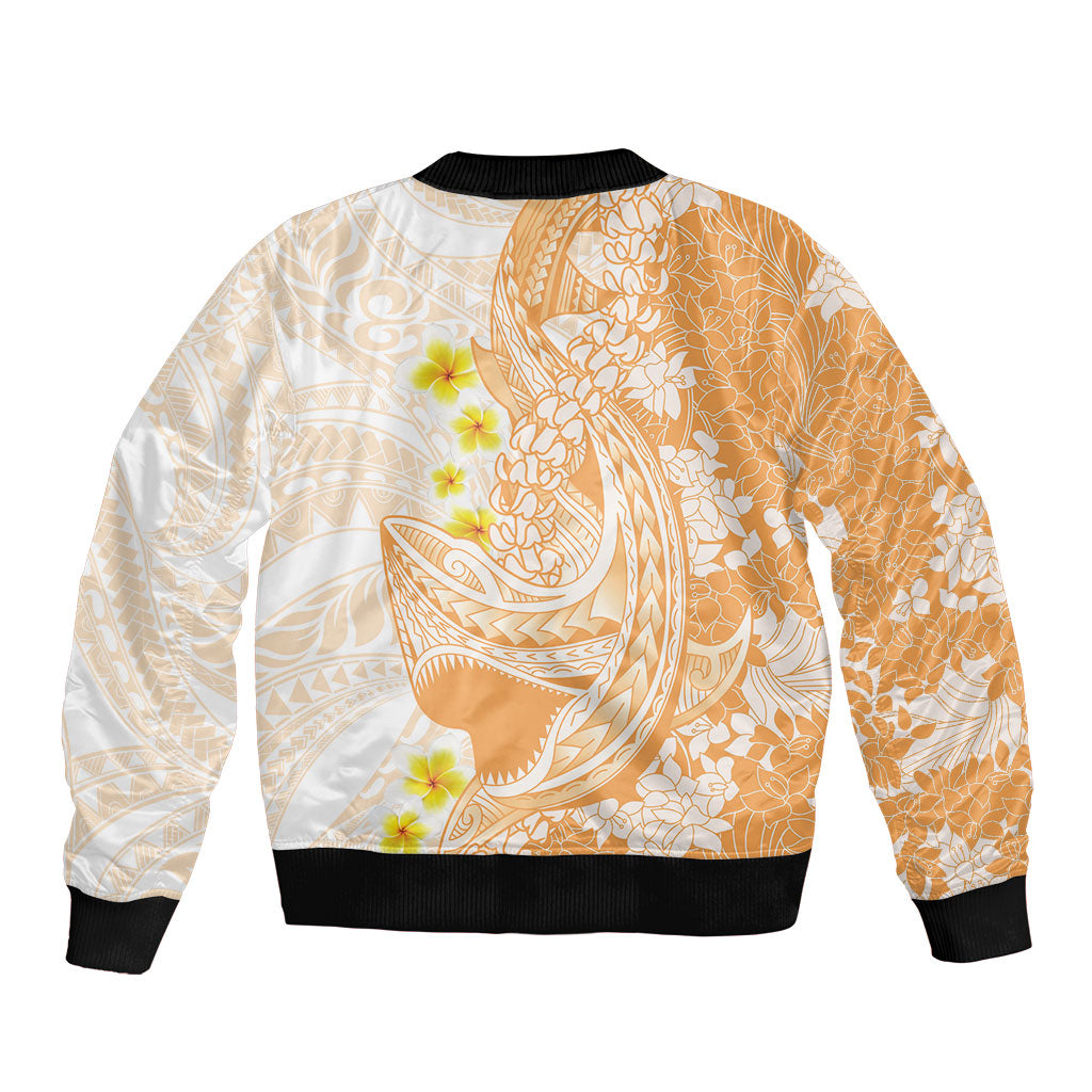 Orange Hawaii Shark Tattoo Sleeve Zip Bomber Jacket Puakenikeni Lei Plumeria Polynesian Pattern