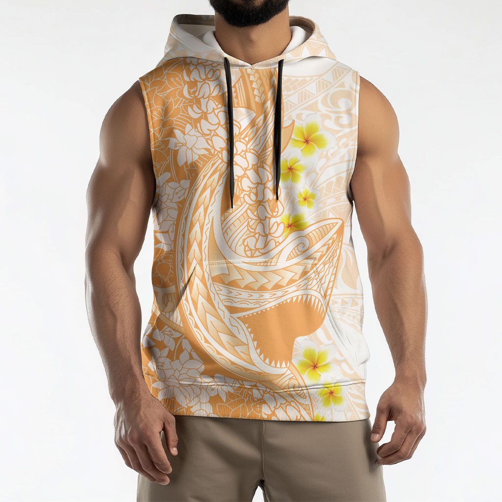 Orange Hawaii Shark Tattoo Sleeveless Hoodie Puakenikeni Lei Plumeria Polynesian Pattern LT14 - Polynesian Pride