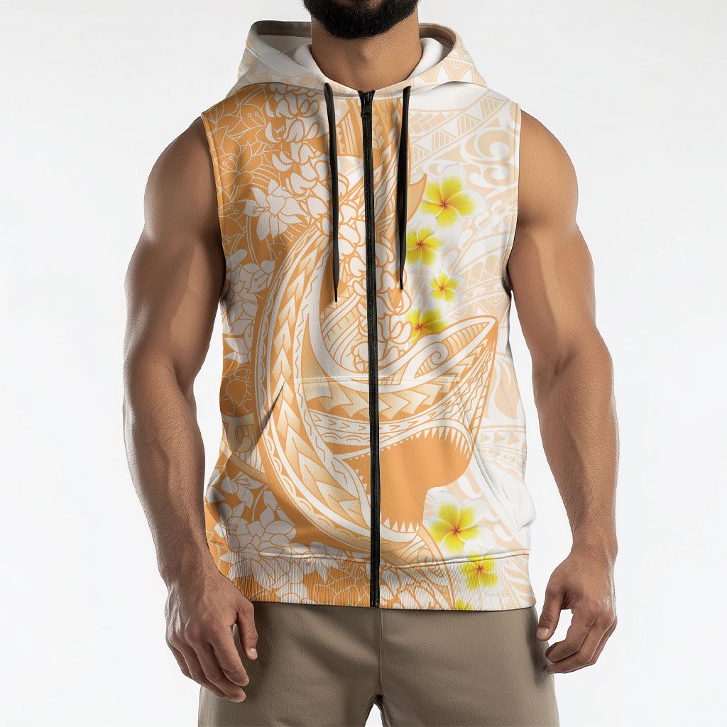 Orange Hawaii Shark Tattoo Sleeveless Zip Hoodie Puakenikeni Lei Plumeria Polynesian Pattern LT14 - Polynesian Pride