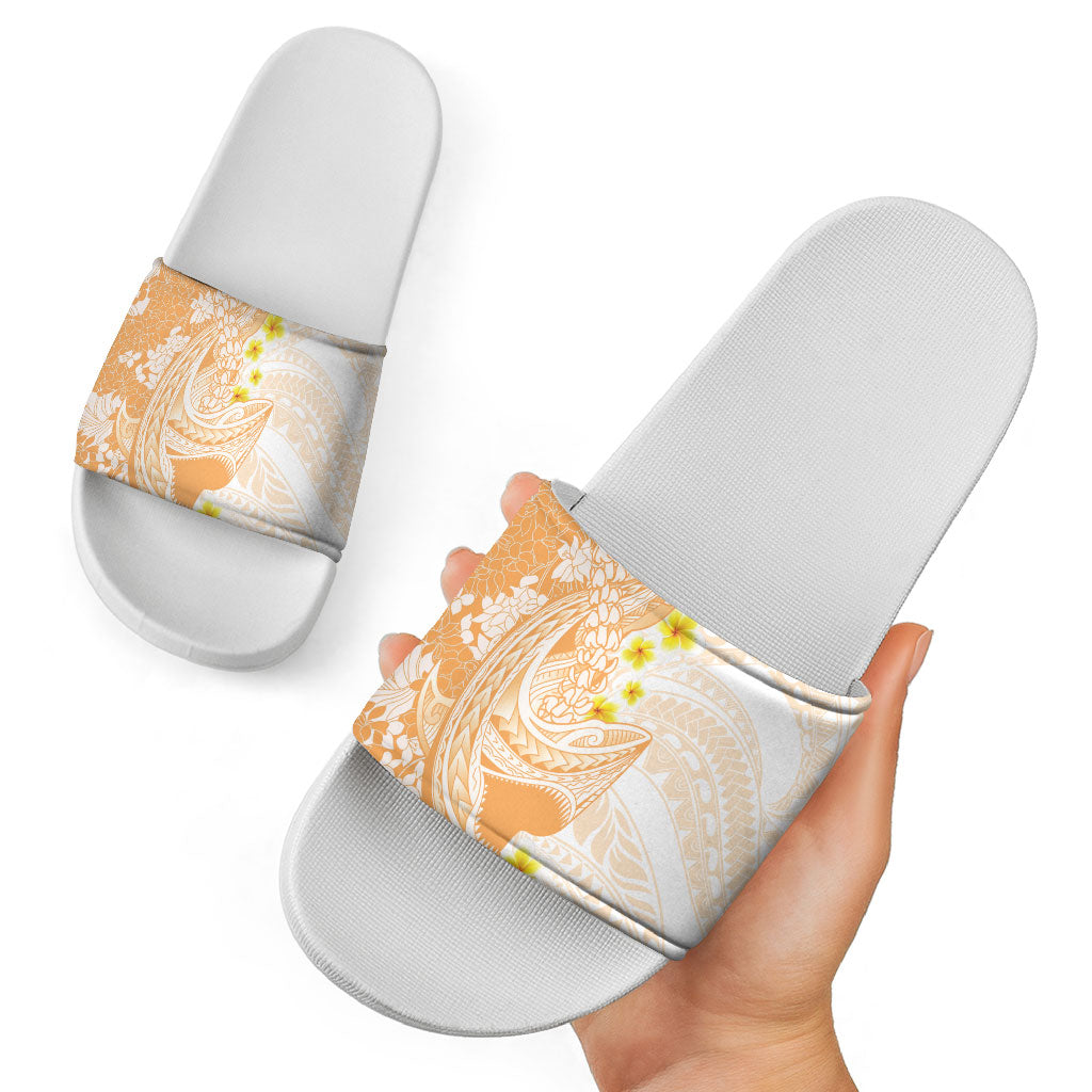 Orange Hawaii Shark Tattoo Slide Sandals Puakenikeni Lei Plumeria Polynesian Pattern