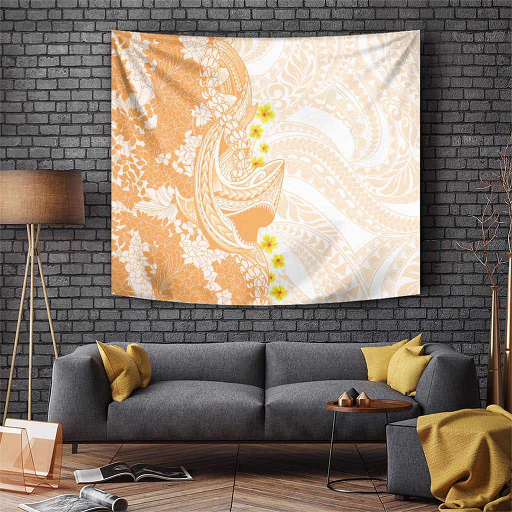 Orange Hawaii Shark Tattoo Tapestry Puakenikeni Lei Plumeria Polynesian Pattern
