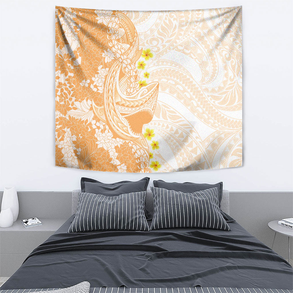 Orange Hawaii Shark Tattoo Tapestry Puakenikeni Lei Plumeria Polynesian Pattern