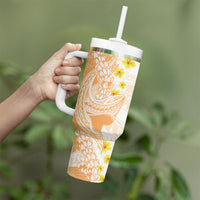 Orange Hawaii Shark Tattoo Tumbler With Handle Puakenikeni Lei Plumeria Polynesian Pattern