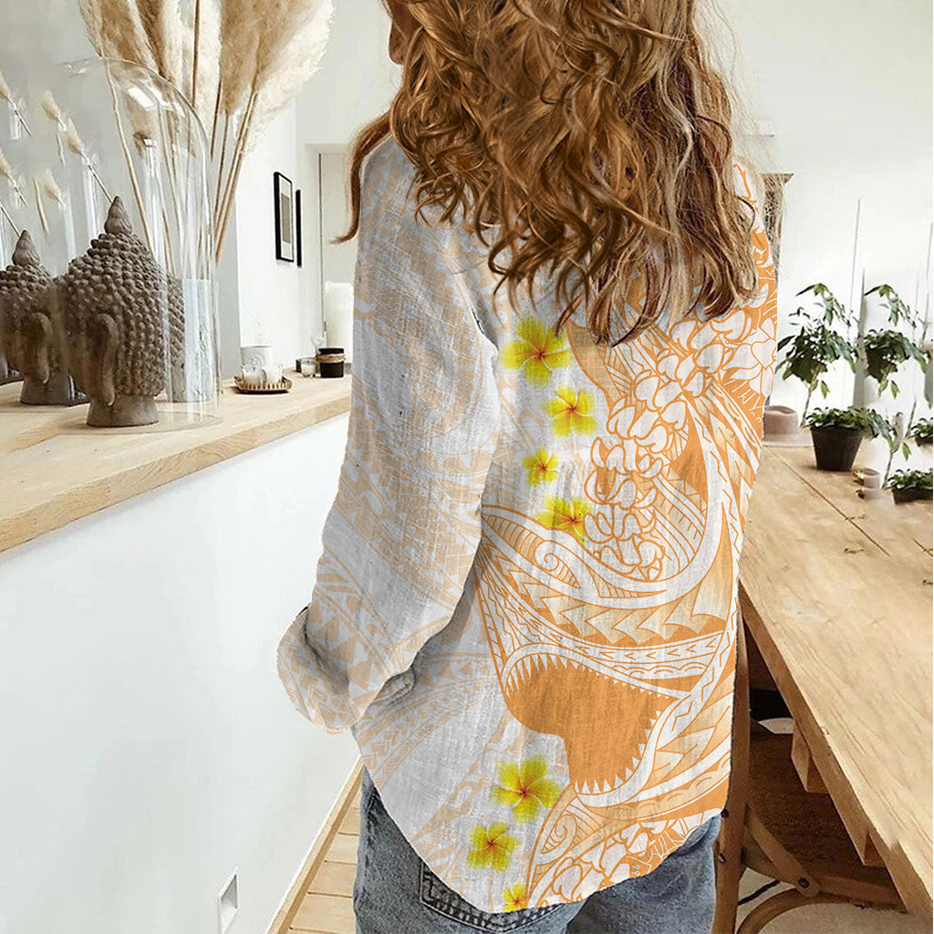Orange Hawaii Shark Tattoo Women Casual Shirt Puakenikeni Lei Plumeria Polynesian Pattern LT14 - Polynesian Pride