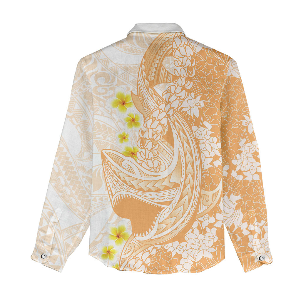 Orange Hawaii Shark Tattoo Women Casual Shirt Puakenikeni Lei Plumeria Polynesian Pattern LT14 - Polynesian Pride