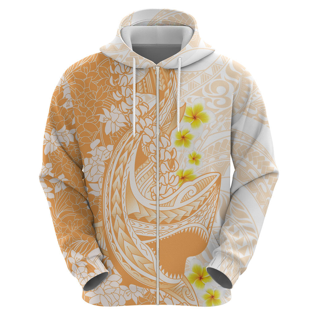 Orange Hawaii Shark Tattoo Zip Hoodie Puakenikeni Lei Plumeria Polynesian Pattern