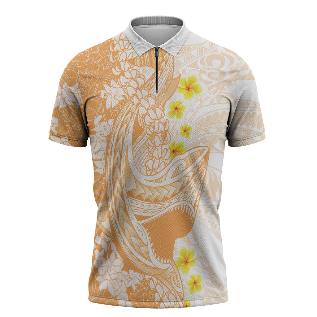 Orange Hawaii Shark Tattoo Zipper Polo Shirt Puakenikeni Lei Plumeria Polynesian Pattern LT14 Orange - Polynesian Pride