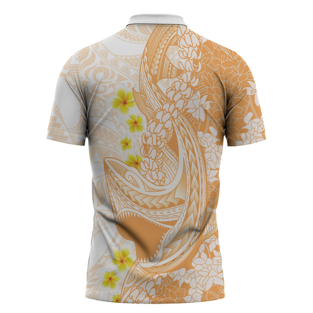 Orange Hawaii Shark Tattoo Zipper Polo Shirt Puakenikeni Lei Plumeria Polynesian Pattern LT14 - Polynesian Pride