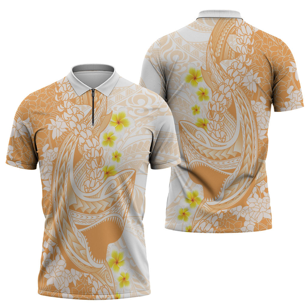 Orange Hawaii Shark Tattoo Zipper Polo Shirt Puakenikeni Lei Plumeria Polynesian Pattern LT14 - Polynesian Pride