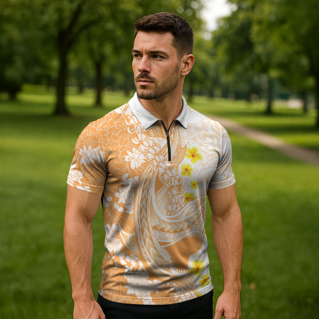 Orange Hawaii Shark Tattoo Zipper Polo Shirt Puakenikeni Lei Plumeria Polynesian Pattern LT14 - Polynesian Pride