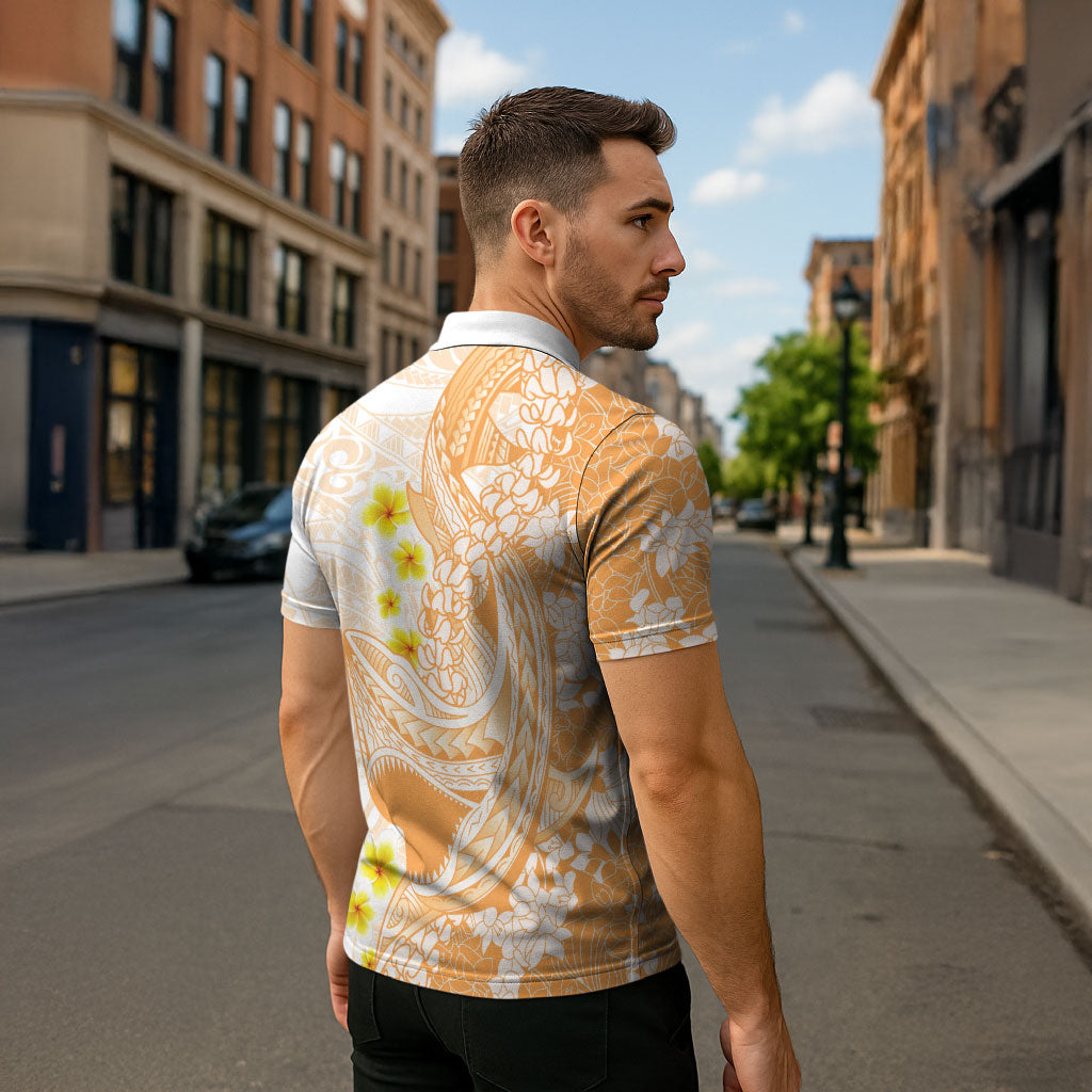 Orange Hawaii Shark Tattoo Zipper Polo Shirt Puakenikeni Lei Plumeria Polynesian Pattern LT14 - Polynesian Pride