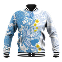 Blue Hawaii Shark Tattoo Baseball Jacket Puakenikeni Lei Plumeria Polynesian Pattern