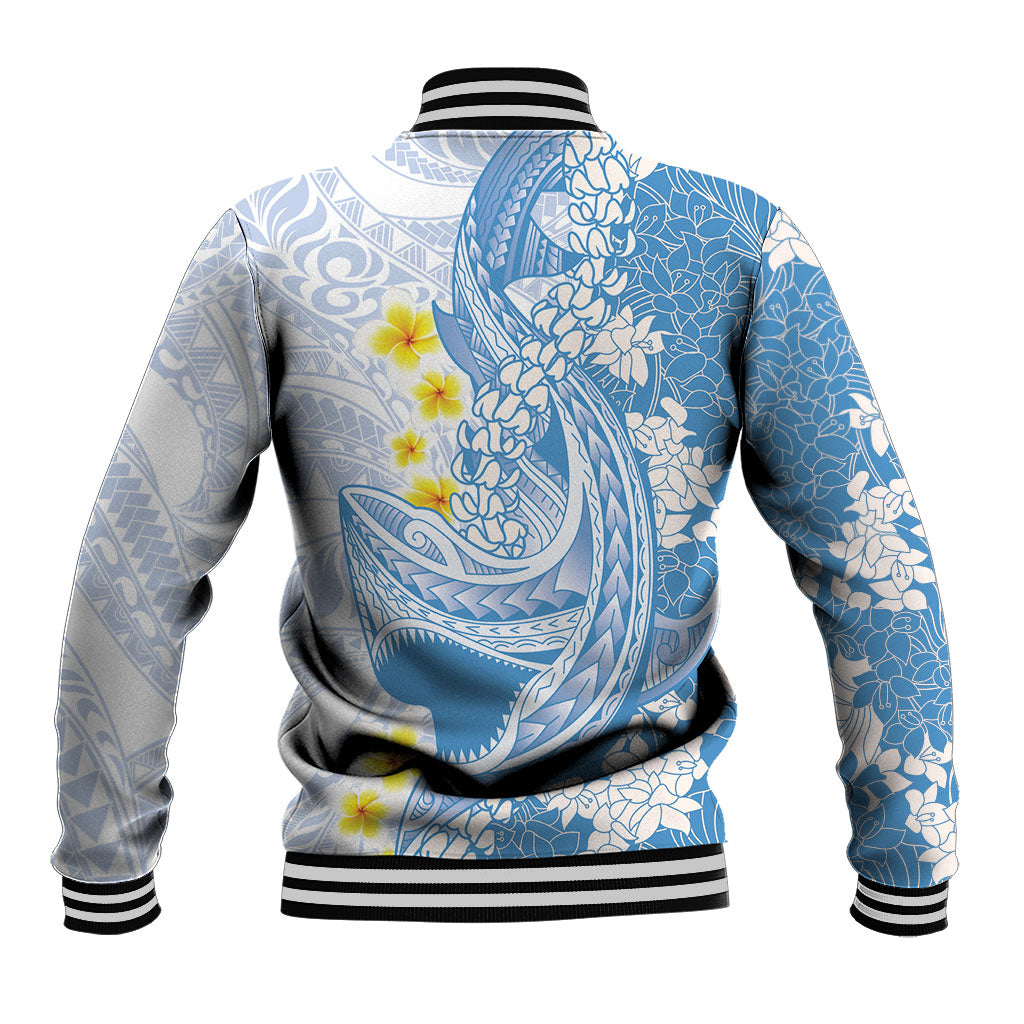 Blue Hawaii Shark Tattoo Baseball Jacket Puakenikeni Lei Plumeria Polynesian Pattern
