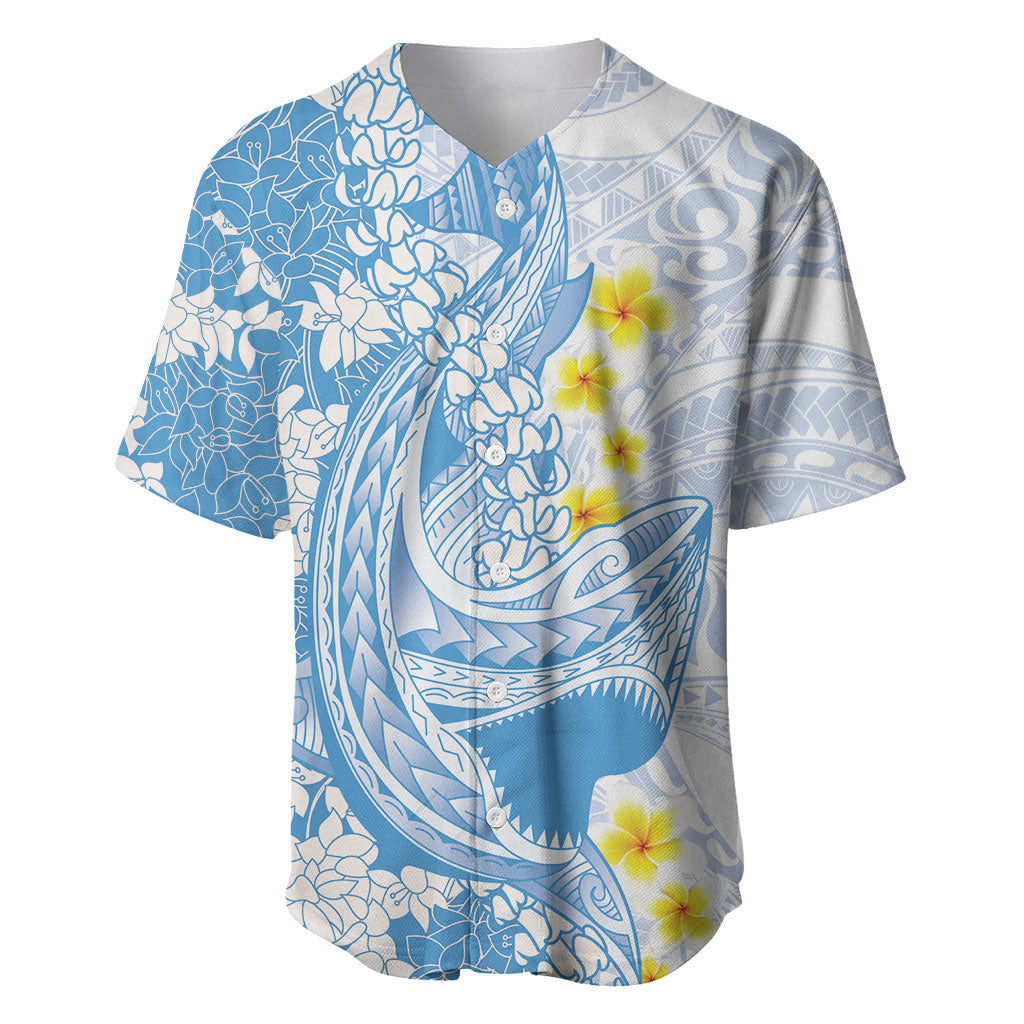 Blue Hawaii Shark Tattoo Baseball Jersey Puakenikeni Lei Plumeria Polynesian Pattern