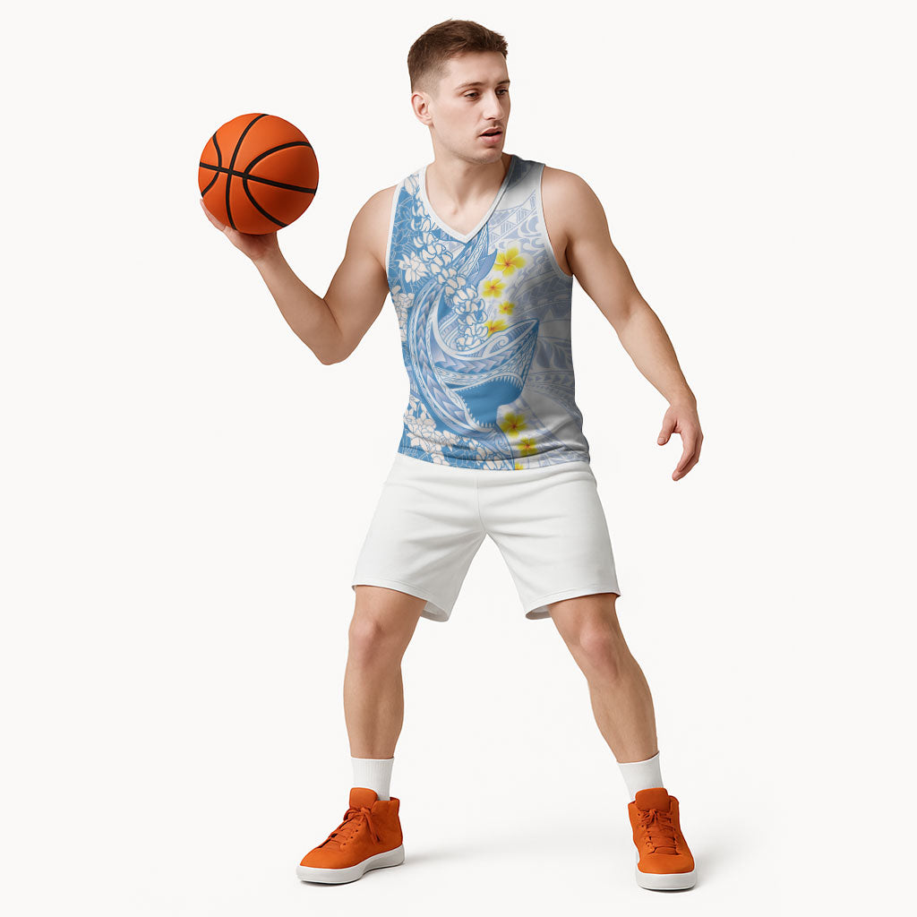 Blue Hawaii Shark Tattoo Basketball Jersey Puakenikeni Lei Plumeria Polynesian Pattern