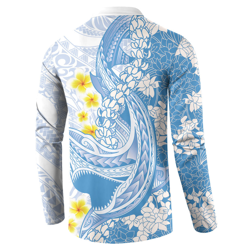 Blue Hawaii Shark Tattoo Button Sweatshirt Puakenikeni Lei Plumeria Polynesian Pattern
