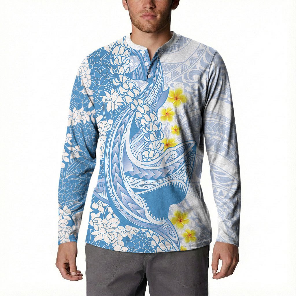 Blue Hawaii Shark Tattoo Button Sweatshirt Puakenikeni Lei Plumeria Polynesian Pattern