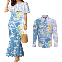 Blue Hawaii Shark Tattoo Couples Matching Mermaid Dress and Long Sleeve Button Shirt Puakenikeni Lei Plumeria Polynesian Pattern LT14 Blue - Polynesian Pride