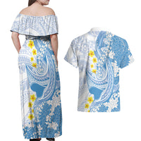 Blue Hawaii Shark Tattoo Couples Matching Off Shoulder Maxi Dress and Hawaiian Shirt Puakenikeni Lei Plumeria Polynesian Pattern LT14 - Polynesian Pride