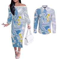 Blue Hawaii Shark Tattoo Couples Matching Off The Shoulder Long Sleeve Dress and Long Sleeve Button Shirt Puakenikeni Lei Plumeria Polynesian Pattern LT14 Blue - Polynesian Pride